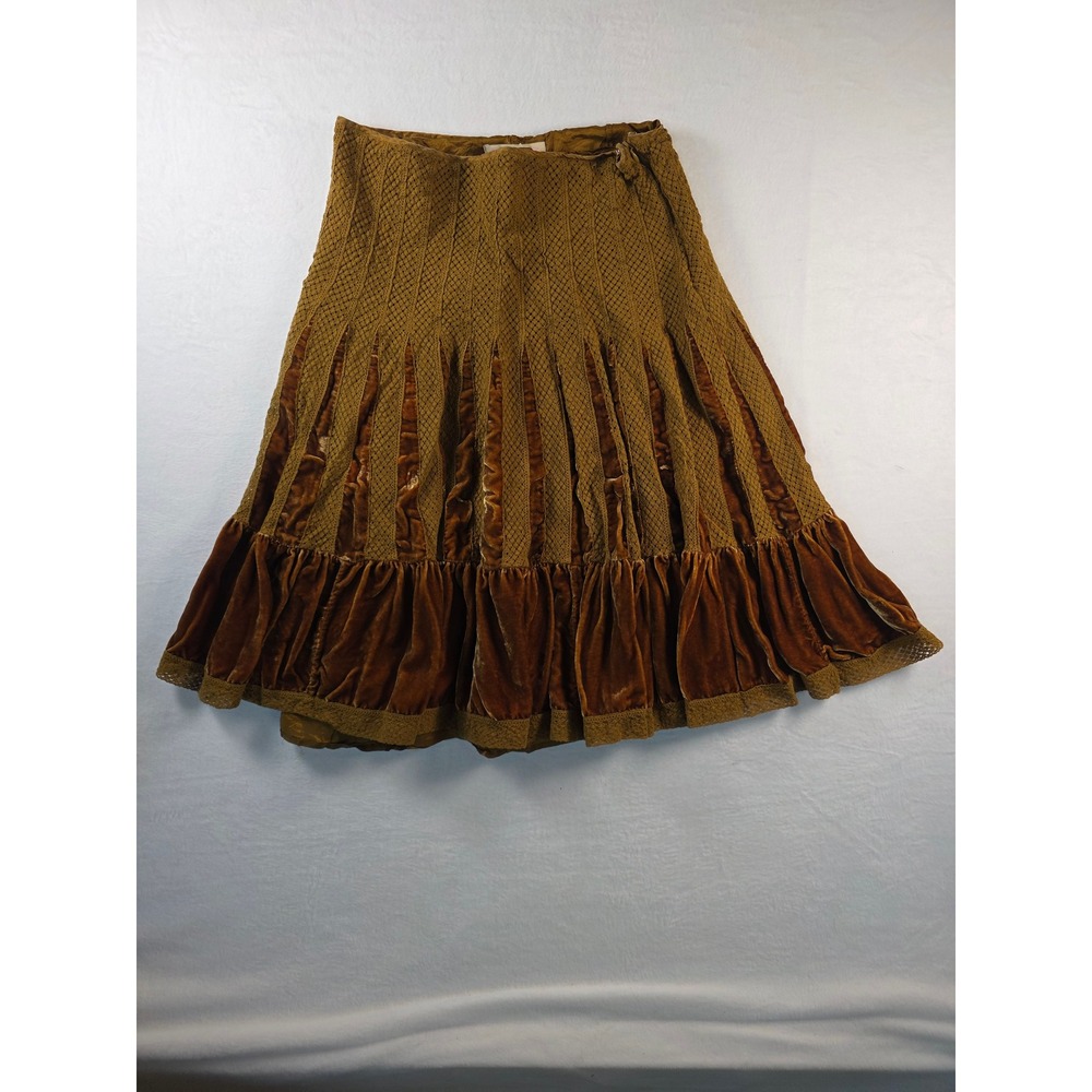 Free People Vintage Crochet Velvet Tiered Midi Skirt Boho 10 Mustard Bronze Y2K - Picture 7 of 7
